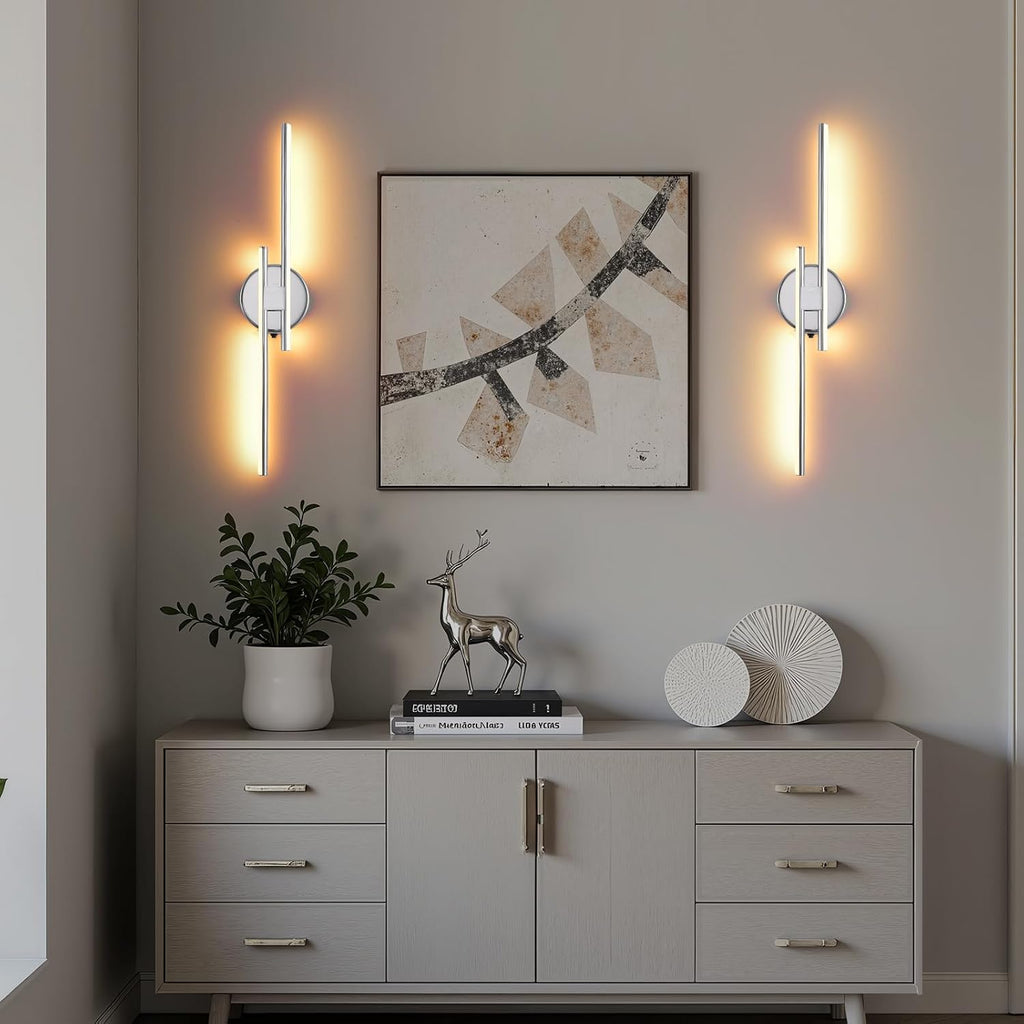 Rechargeable Battery Operated Wall Sconce Set Of Two, Chrome Wireless LED Wall Sconces With Remote Control, Dimmable 3 Colors Cordless wall lights for Living Room, bedroom, Hallway, 23.6 Inch ( 2pcs)