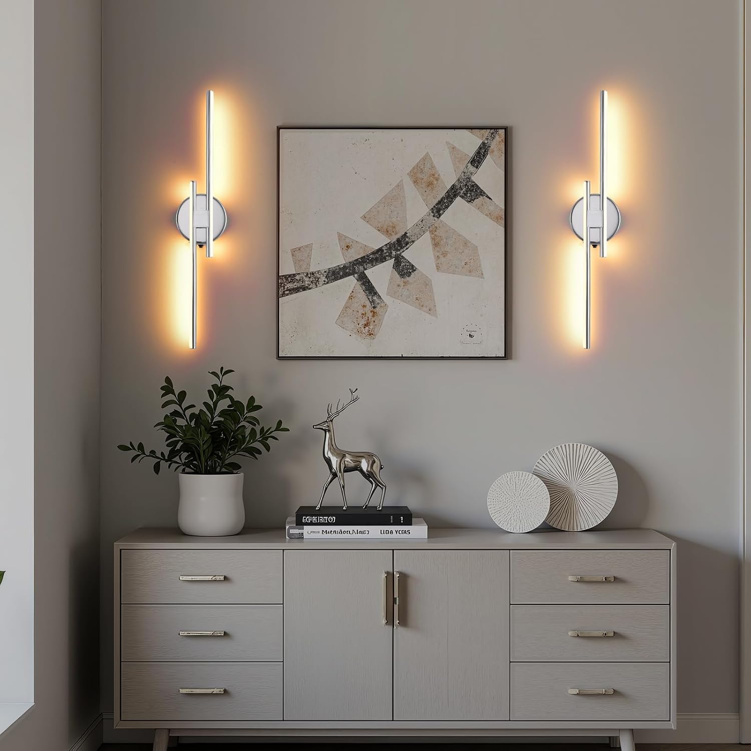 Rechargeable Battery Operated Wall Sconce Set Of Two, Chrome Wireless LED Wall Sconces With Remote Control, Dimmable 3 Colors Cordless wall lights for Living Room, bedroom, Hallway, 23.6 Inch ( 2pcs)
