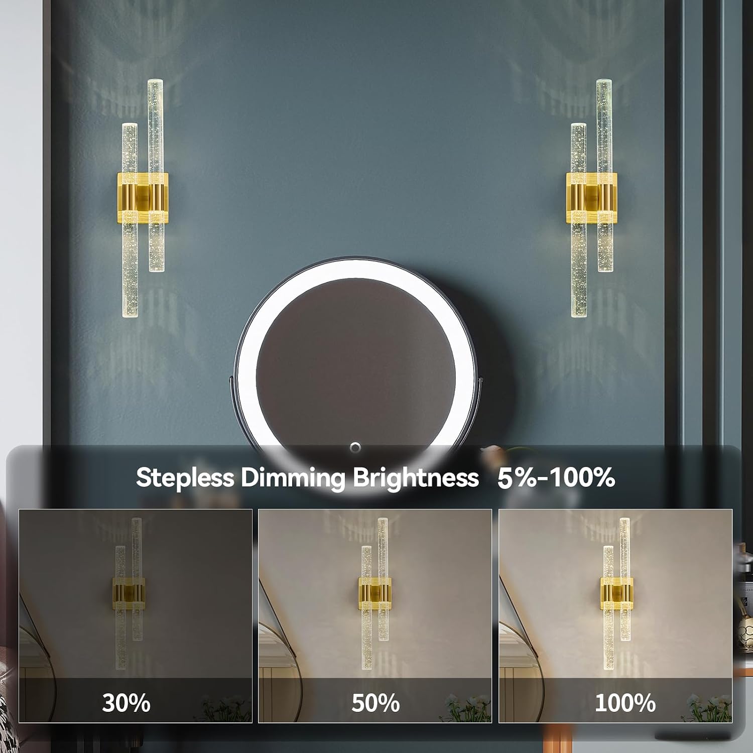 Crystal Wall Sconces Set of Two LED Bathroom Vanity Light Fixtures Gold 21.25in 4000K Vertical and Horizontal Wall Mounted Sconces for Bedroom, Living Room, Hallway