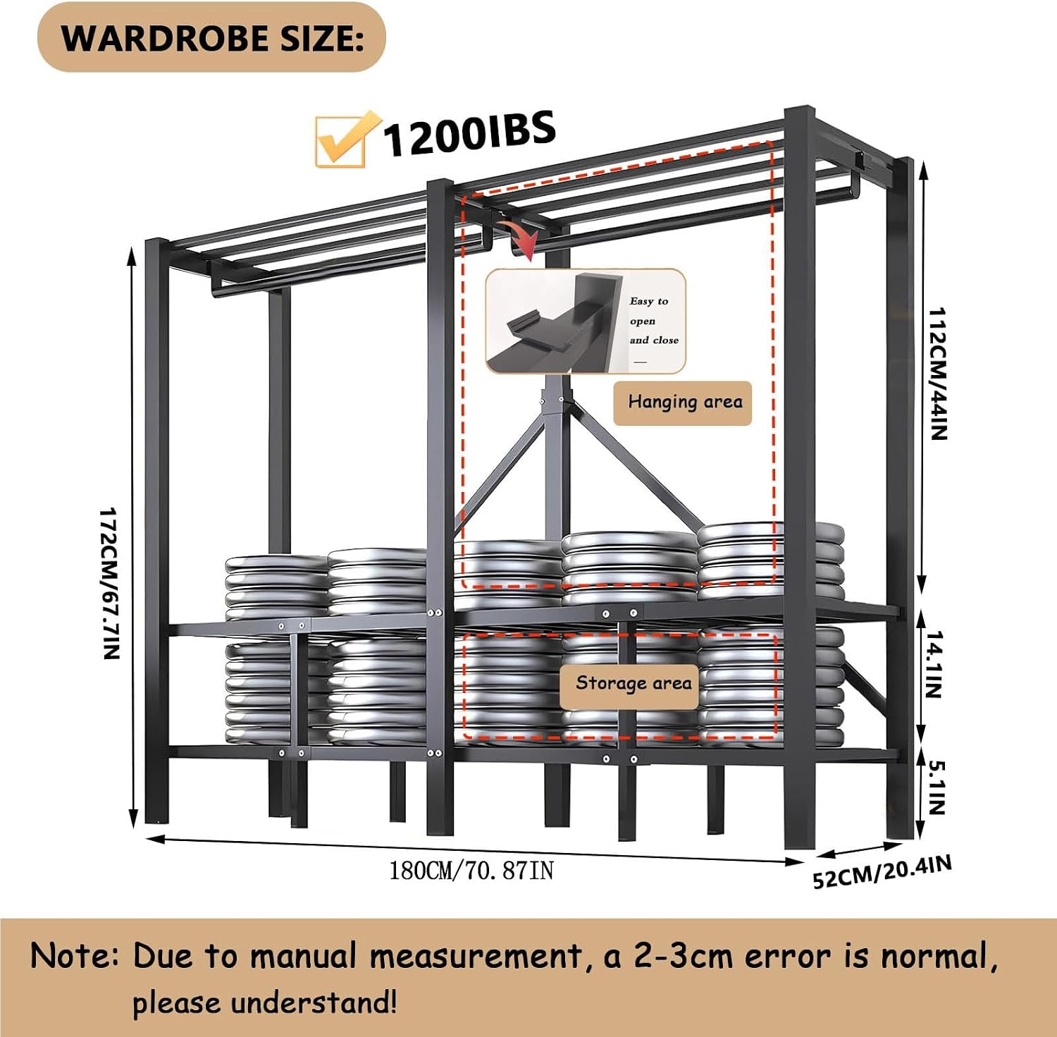 Wardrobe Clothes Organizer - Heavy Duty Portable Wardrobe Closet Rack Foldable Clothe Rack With Cover Freestanding Garment Rack For Hanging Clothes Large Capacity Enclosed Metal Clothing Rack(180*52*1