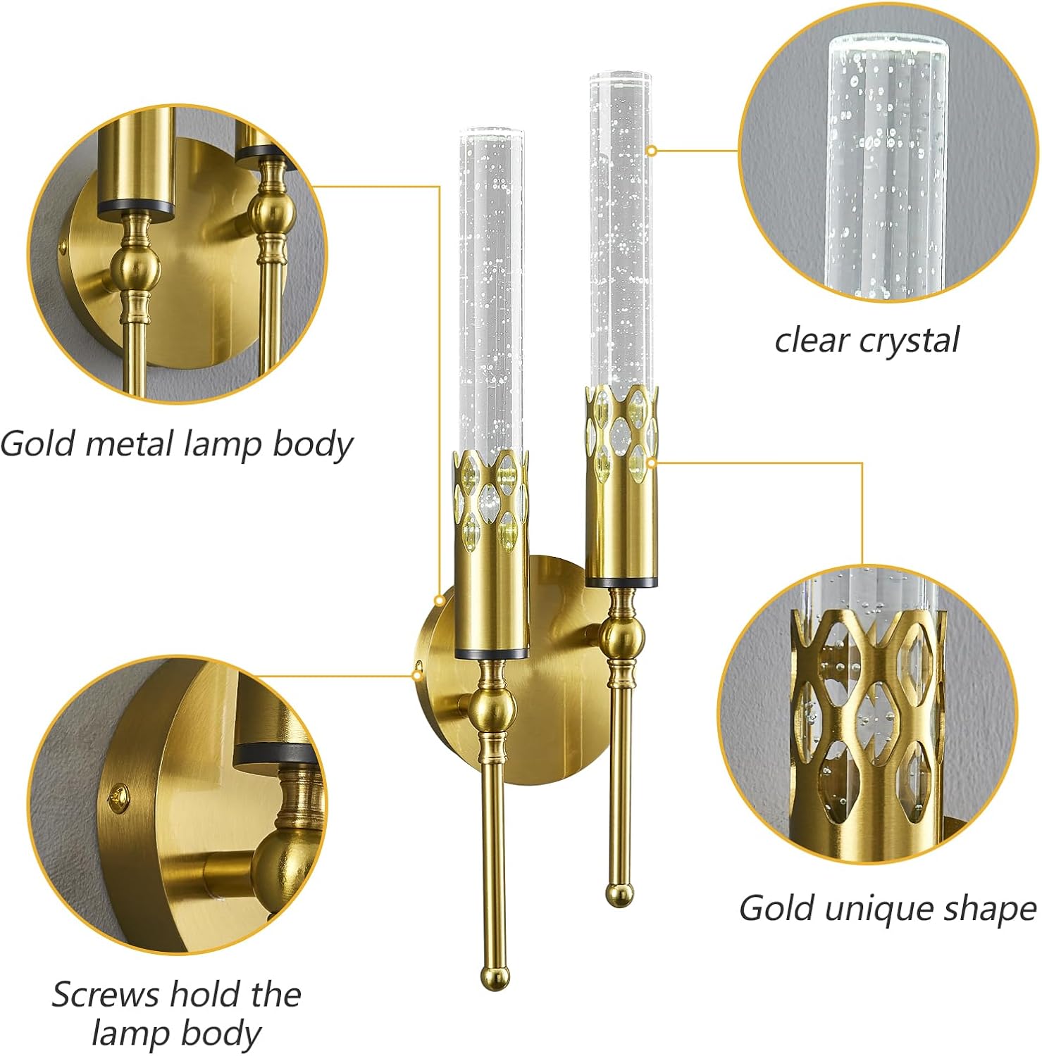 Modern Wall Sconces Set of Two 6000K Crystal Sconces Wall Lighting Vintage Black Gold Wall Mounted Lamp for Bedroom Living Room Hallway Bathroom Vanity Light Fixture