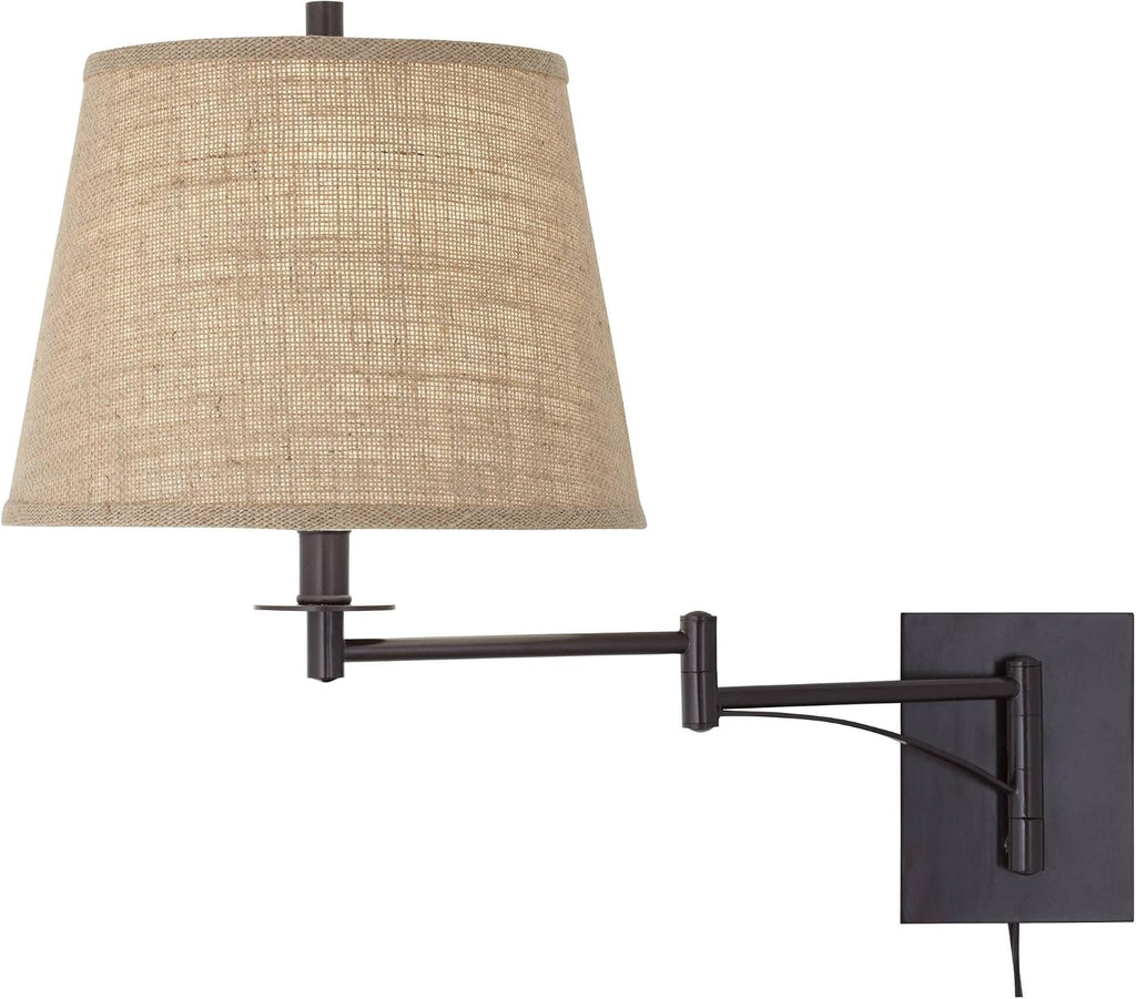 Franklin Iron Works Brinly Farmhouse Rustic Swing Arm Wall Lamps Set of 2 Matte Brown Metal Plug-in 12' Fixture Burlap Hardback Drum Shade for Bedroom Bedside Living Room Hallway Reading