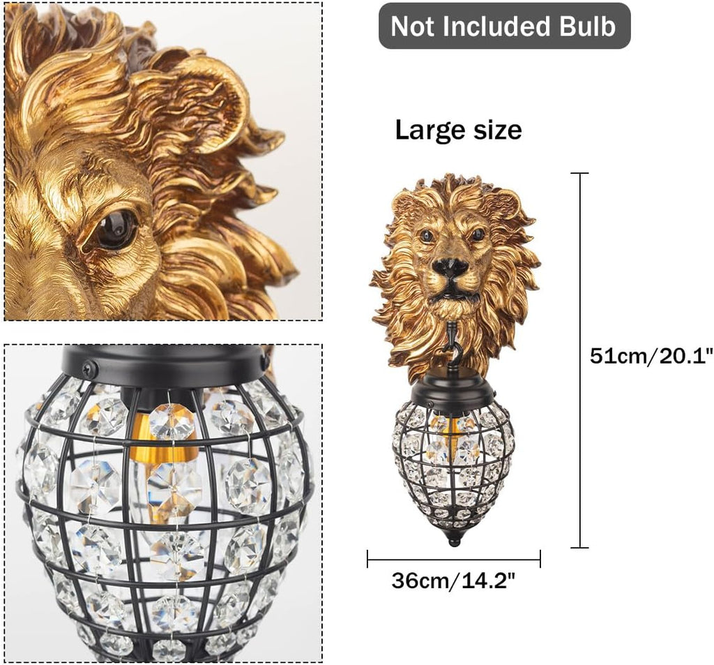 Gold Lion Head & Black Crystal Wall Sconce, Retro Baroque Resin Wall Lamp for Living Room Bedroom Bedside Stairs Bathroom Mirror, Luxury Lighting Fixture, E26 Base