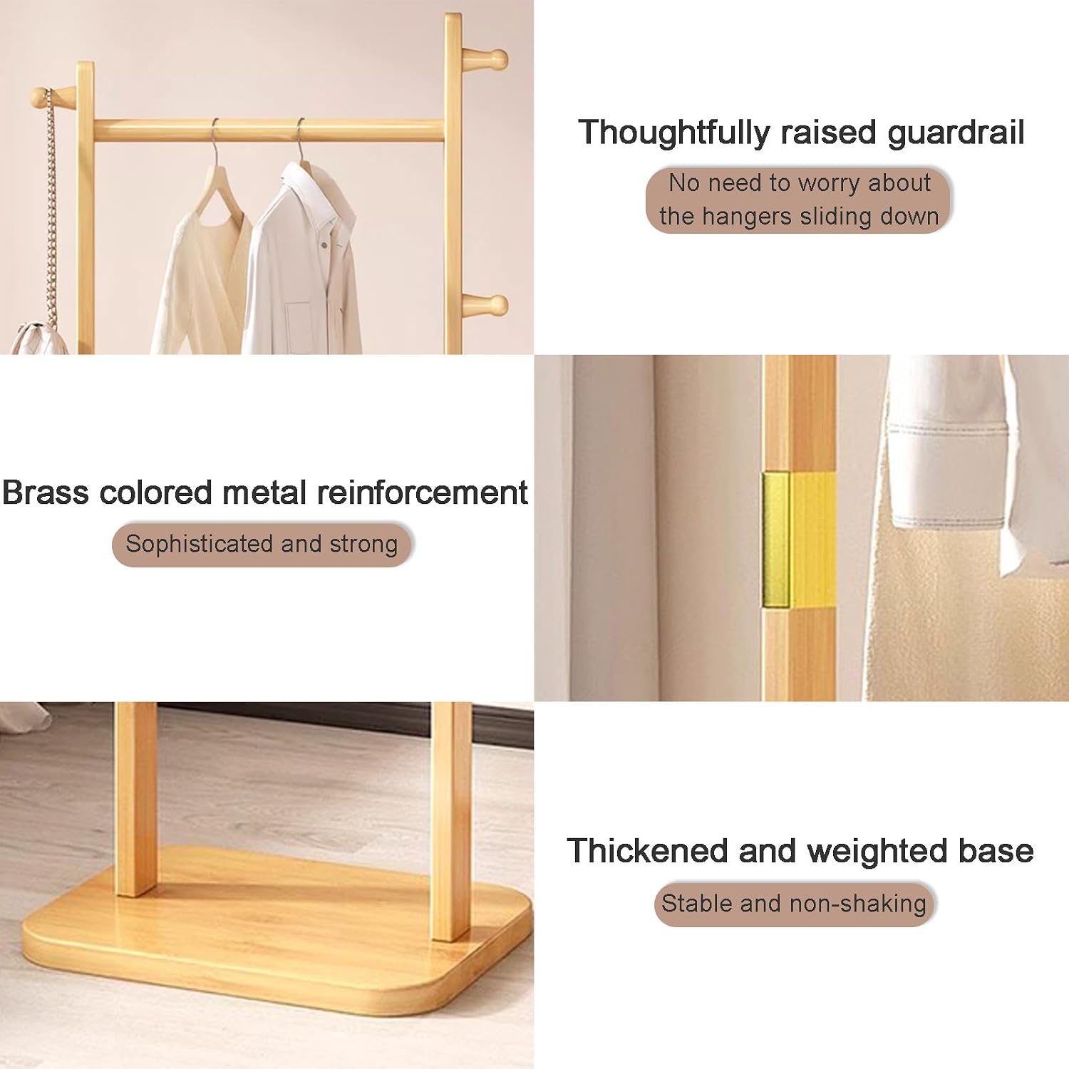 Bamboo Garment Rack Clothes Hanging Rack with Side Hooks and 2 Tiers Storage Shelves, Heavy Duty Clothes Display Rack Portable Wardrobe Closet Organizer