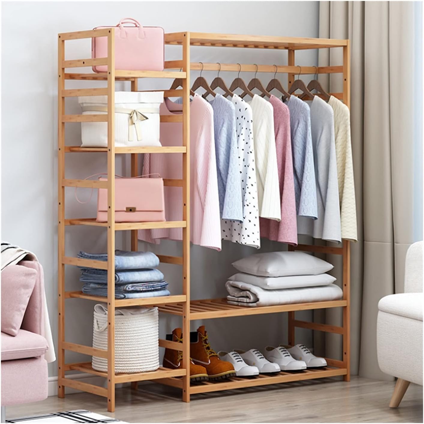 Coat Rack, Bamboo Clothes Rack Open Frame Bamboo Garment Wardrobe Organizer Large Cabinet Hanging Rails With 360°rotation 4 Wheels For Dress Pants Shoes Hats Natural