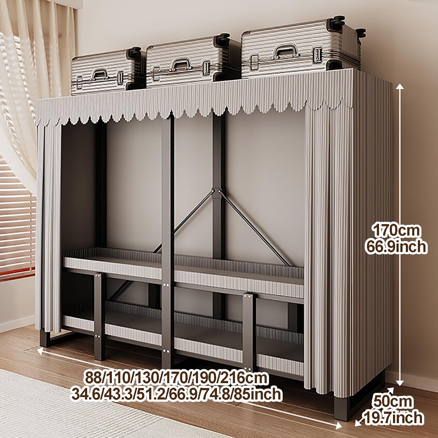 Wardrobe Closets With Cover, Foldable Garment Rack With Hanging Rods, Metal Standing Clothes Rack, One-Piece Folding Base, Freestanding Clothing Rack, For Bedroom(Blue,130cm/51.2nch)