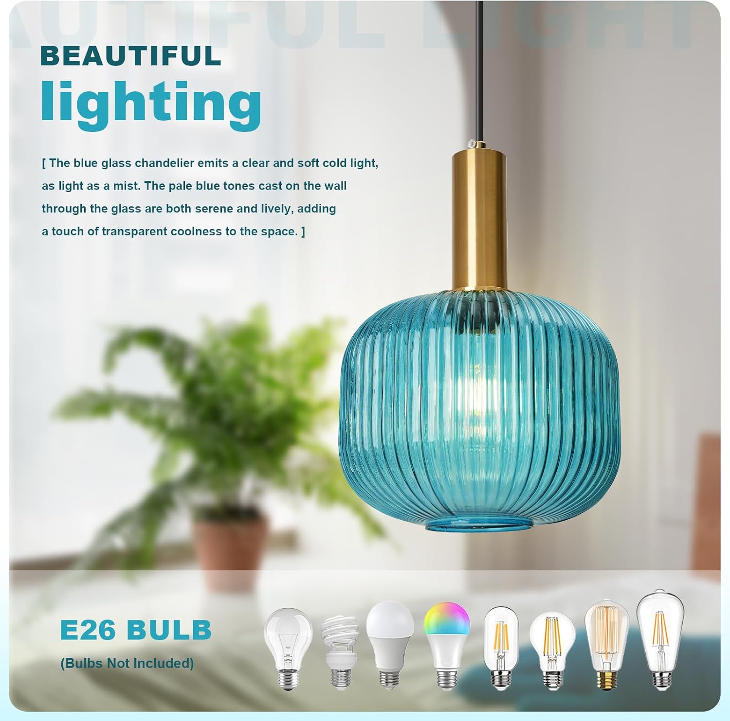 2 Pack Blue Hanging Lamp Plug in Ceiling Light with Cord Modern Coastal Pendant Lighting Fixture Striped Glass Hanging Pendant Lights for Living Room Bedroom Beach House Kitchen Gold