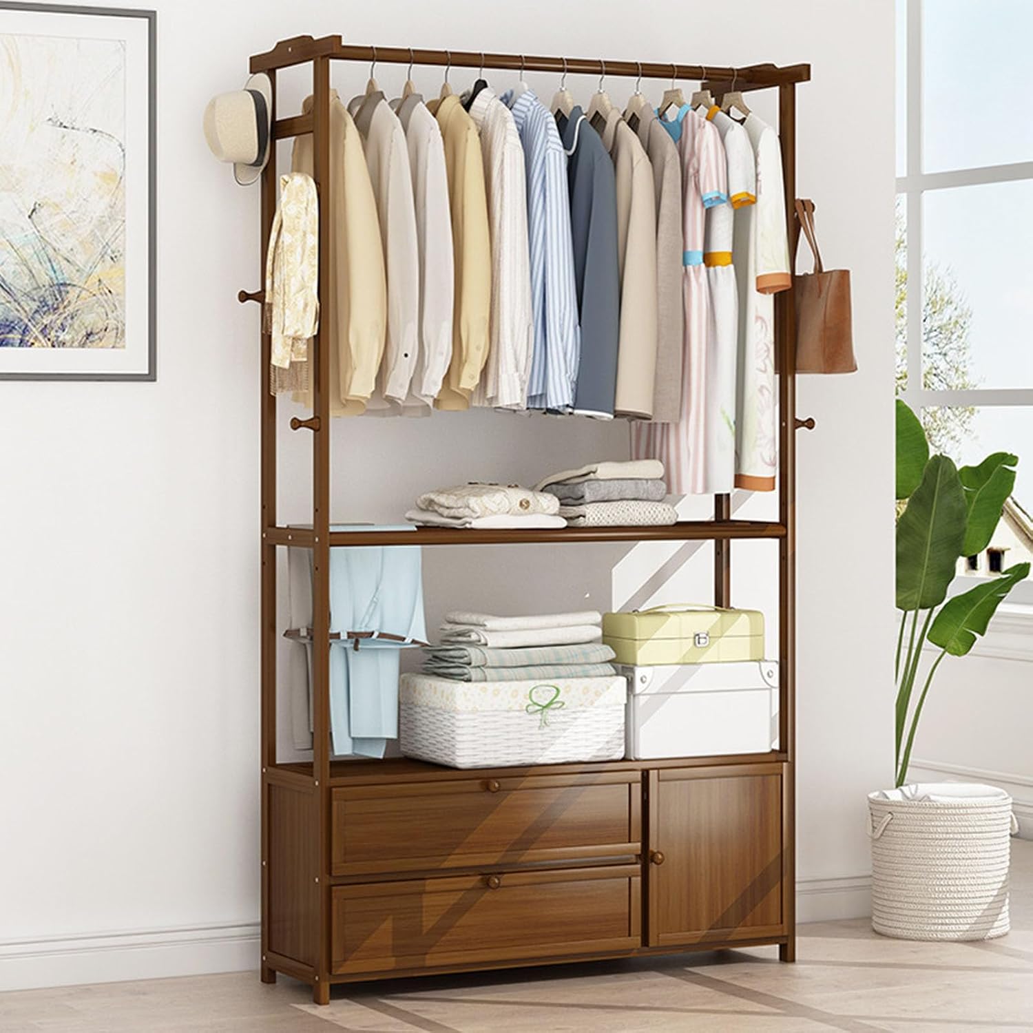 Bamboo Garment Rack, Clothes Hanging Rack with Side Hooks and 3 spacious drawers Portable Storage Organizer Garment Rack for Bedroom Living Room Office Mudroom