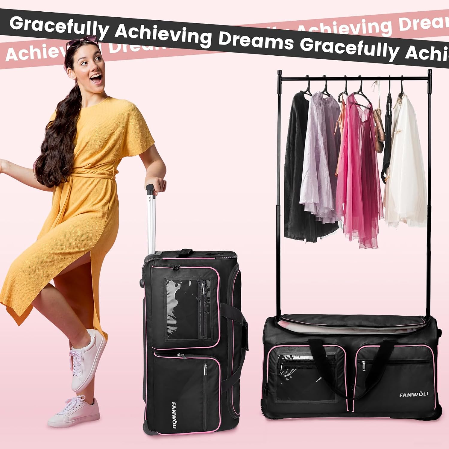 Fanwoli Dancer's Mobile Combo:80L Reusable Grocery Bag on Wheels + 23' Dance Bag with Garment Rack|Upgrade Stability, Simplify Your Move| Ideal for Competitions, Rehearsals & Daily Errands