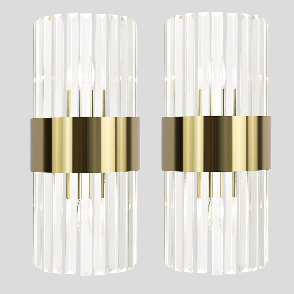 Gold Wall Sconces Set of Two Mid Century Modern Crystal Sconce Lighting 2-Light Brass Glass Wall Light Fixtures for Bathroom Bedroom Hallway Living Room