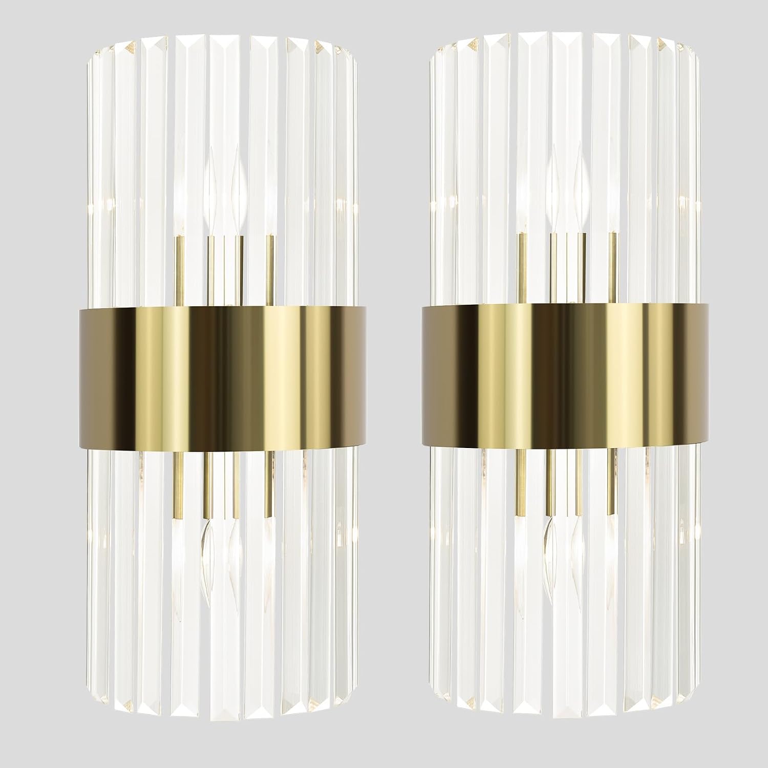 Gold Wall Sconces Set of Two Mid Century Modern Crystal Sconce Lighting 2-Light Brass Glass Wall Light Fixtures for Bathroom Bedroom Hallway Living Room
