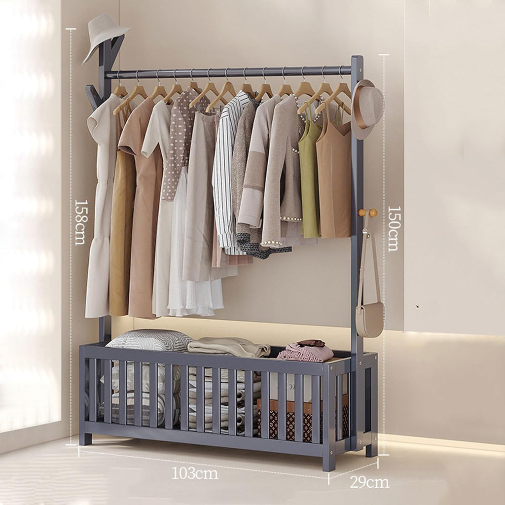 Clothes Stand Garment Rack with Casters, Bamboo Open Wardrobe with Hollow Storage Basket, Clothes Hanging Tidy Rail Shoe Rack for Clothes Hats Bags
