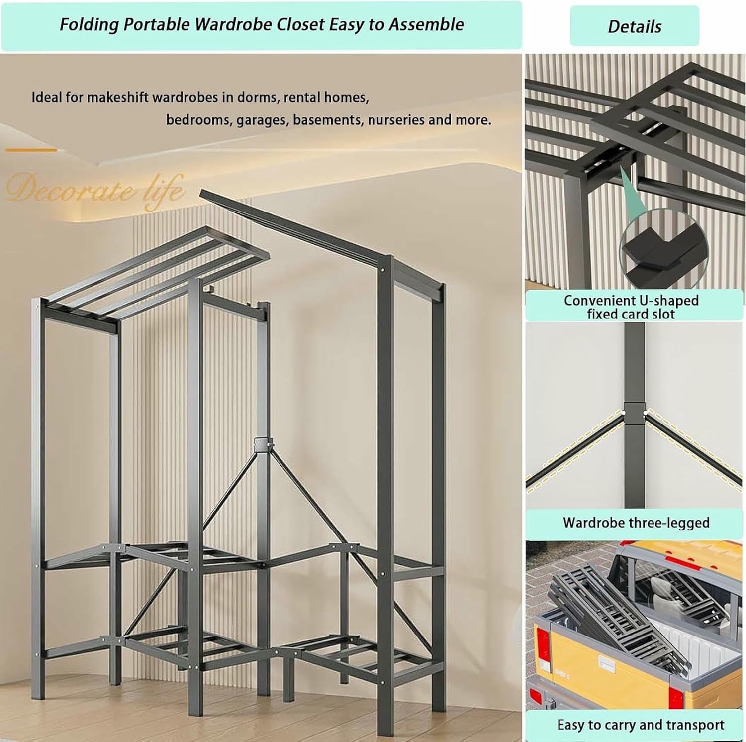Metal Wardrobe Rack - Heavy Duty Foldable Wardrobe Closet with Cover 1200lbs Garment Rack for Hanging Clothes Covered Clothing Coat Storage Organizer