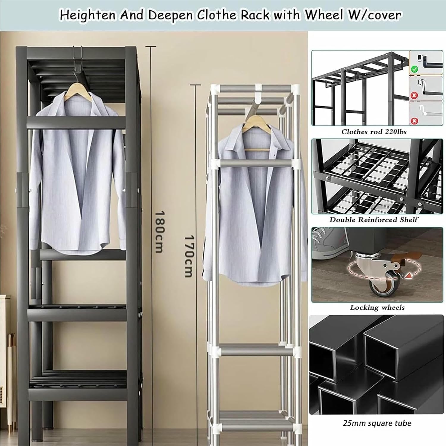 Metal Wardrobe Rack - Heavy Duty Foldable Wardrobe Closet with Cover 1200lbs Garment Rack for Hanging Clothes Covered Clothing Coat Storage Organizer
