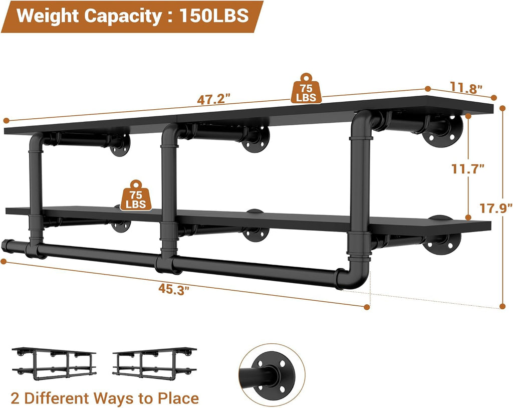 Aheaplus Industrial Pipe Clothes Rack with Top Shelf, 47In Space-Saving Wall Mounted Clothing Rack, 2 Tiers Heavy Duty Pipe Clothing Shelves with Hanging Rod for Laundry Room, Closet Storage, Black