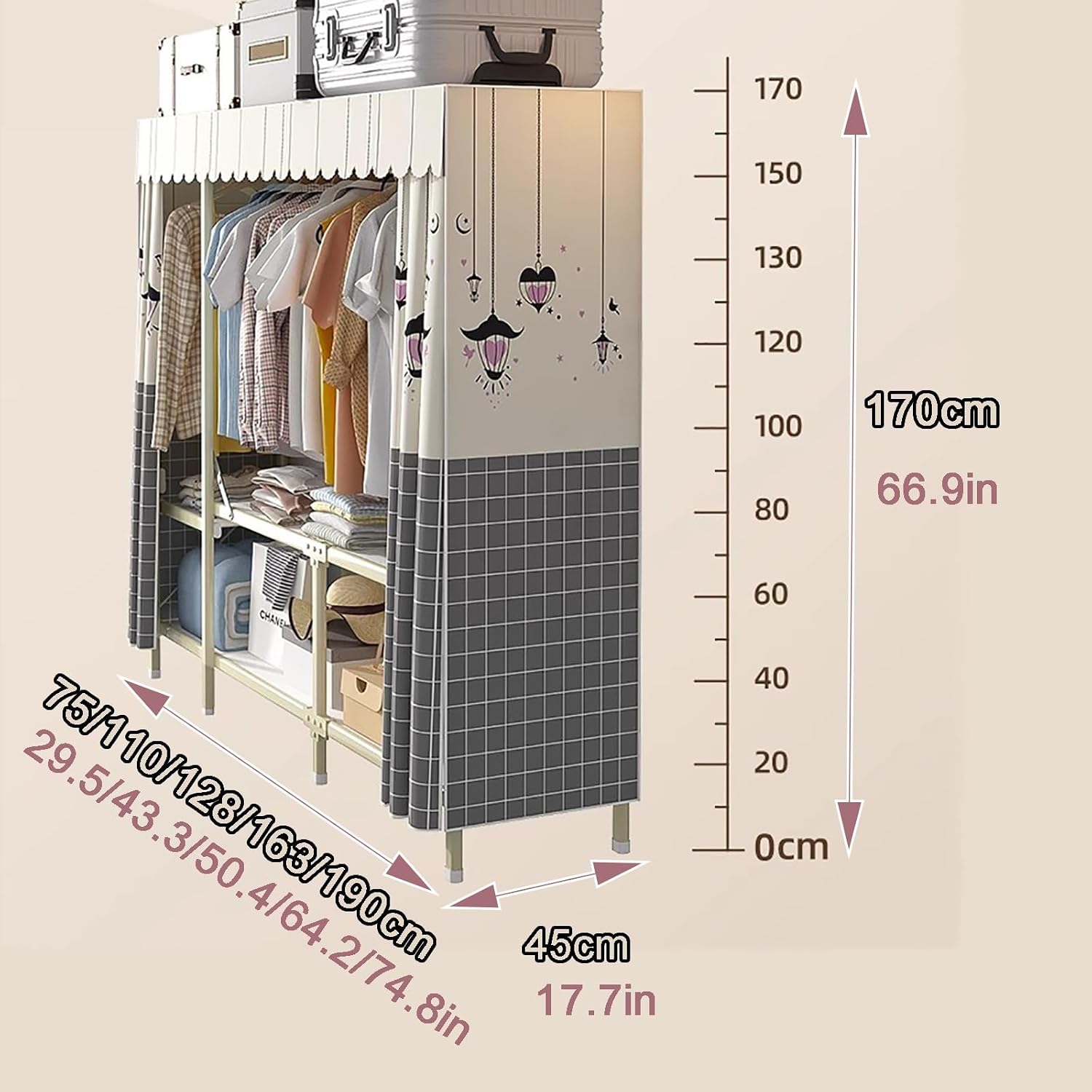 Heavy Duty Portable Wardrobe Closet Foldable Garment Rack for Hanging Clothes Clothing Storage Organizer(110x45x170cm)