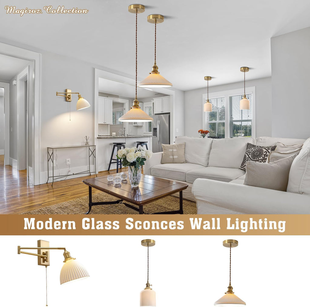 Gold Wall Sconces Set of 2 Modern Bathroom Sconces Wall Lighting Brushed Brass Wall Mount Light Fixture Milk Glass Swing Arm Wall Sconces with Pull Chain Bedroom Hardwired Wall Lamps MWL14D-2
