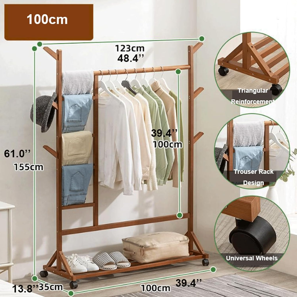 Bamboo Clothing Garment Rack on Wheels Rolling Clothes Organizer w/6 Hooks Multifunctional Bedroom Hanging Rack for Hanging Clothes Hats Pants