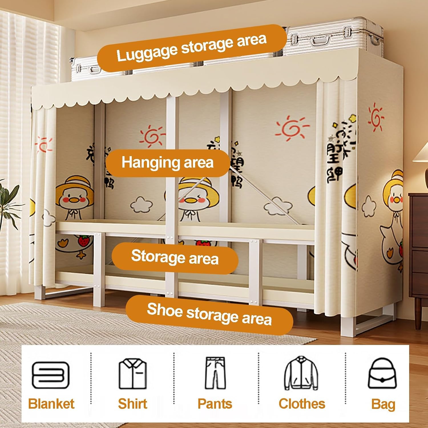 Heavy Duty Wardrobe Closet With Cover, Foldable Garment Rack With Hanging Rods, Metal Clothing Rack, Covered Clothing Coat Storage Organizer, For Bedroom(E,110cm/43.3in)