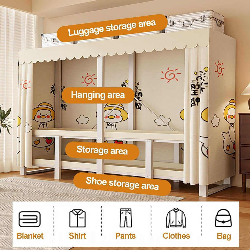 Heavy Duty Wardrobe Closet With Cover, Foldable Garment Rack With Hanging Rods, Metal Clothing Rack, Covered Clothing Coat Storage Organizer, For Bedroom(E,170cm/66.9in)