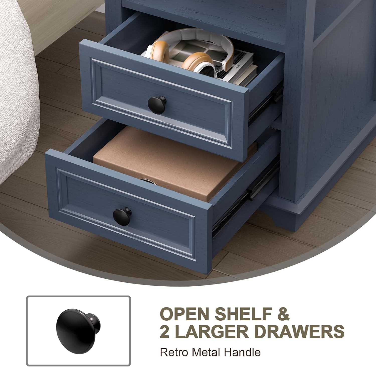 REDAYFUR 24' Tall Nightstand with Charging Station, 18' Bedside Table with Drawers,Rustic Wooden Storage Cabinet with Open Shelf for Bedroom,Blue