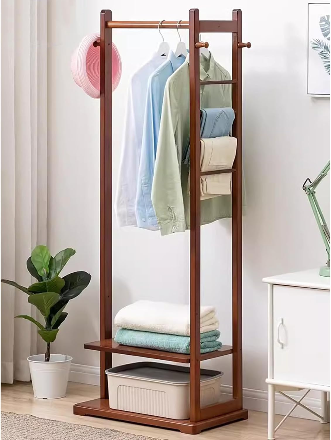 Garment Rack Bamboo Clothing Rack, Corner Coat Rack Stand Hall Trees For Entryway Bedroom And Living Room, Free Standing Clothes Hanging Rail With 2 Shelves, 3 Hooks And Pants Hanger(Color:Brown)