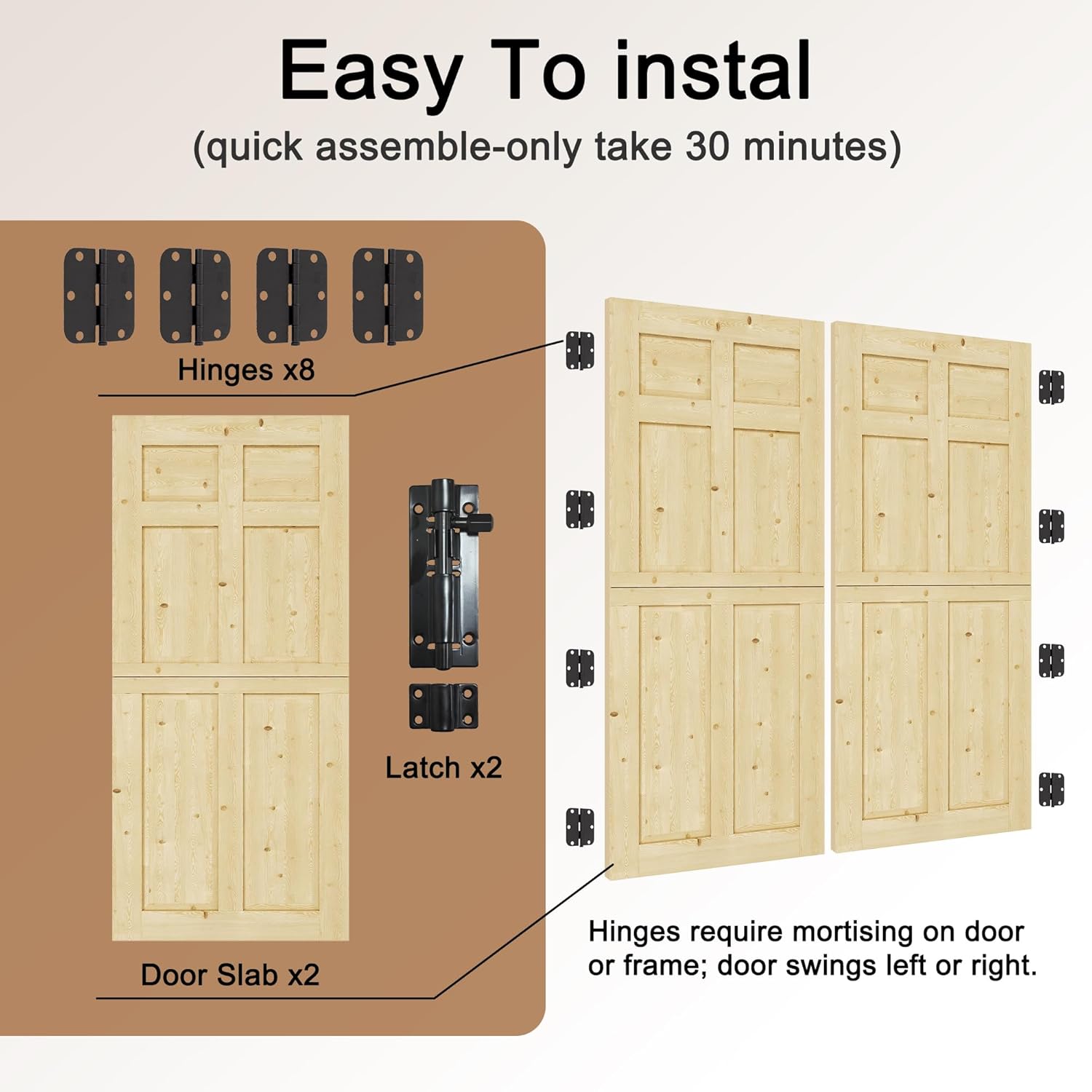 Interior & Exterior Double Dutch Door Slab,72' x 80', Universal 6 Lite Panel Split Single Doors, Solid Core Home Door, Natural Pine Wood - with 8 Black Hinges & 2 Latch, Without Jamb
