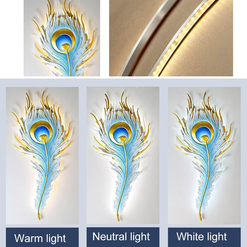 Feather Wall Lamp LED Dimmable Wall Sconce Lighting with Blue Elegant Peacock Feather Design Vintage Modern Wall Light Fixture for Bedroom Living Dining Room Hallway Deco