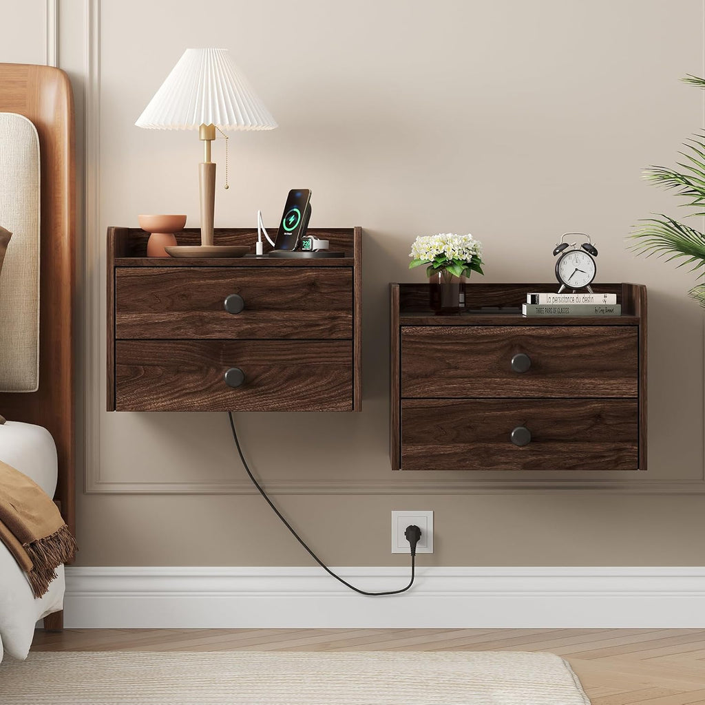 Floating Nightstand Set of 2 with 2 Storage Drawers and Charging Station Wood Wall Mounted Bedside End Table Modern Night Stands Set 2 for Bedroom,Small Space,Brown Walnut