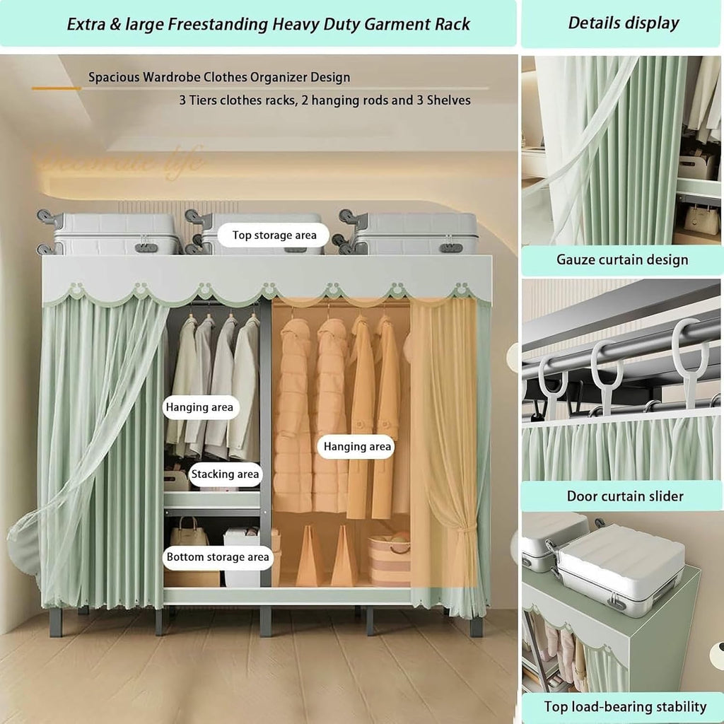 Metal Wardrobe Rack - Heavy Duty Foldable Wardrobe Closet with Cover 1200lbs Garment Rack for Hanging Clothes Covered Clothing Coat Storage Organizer