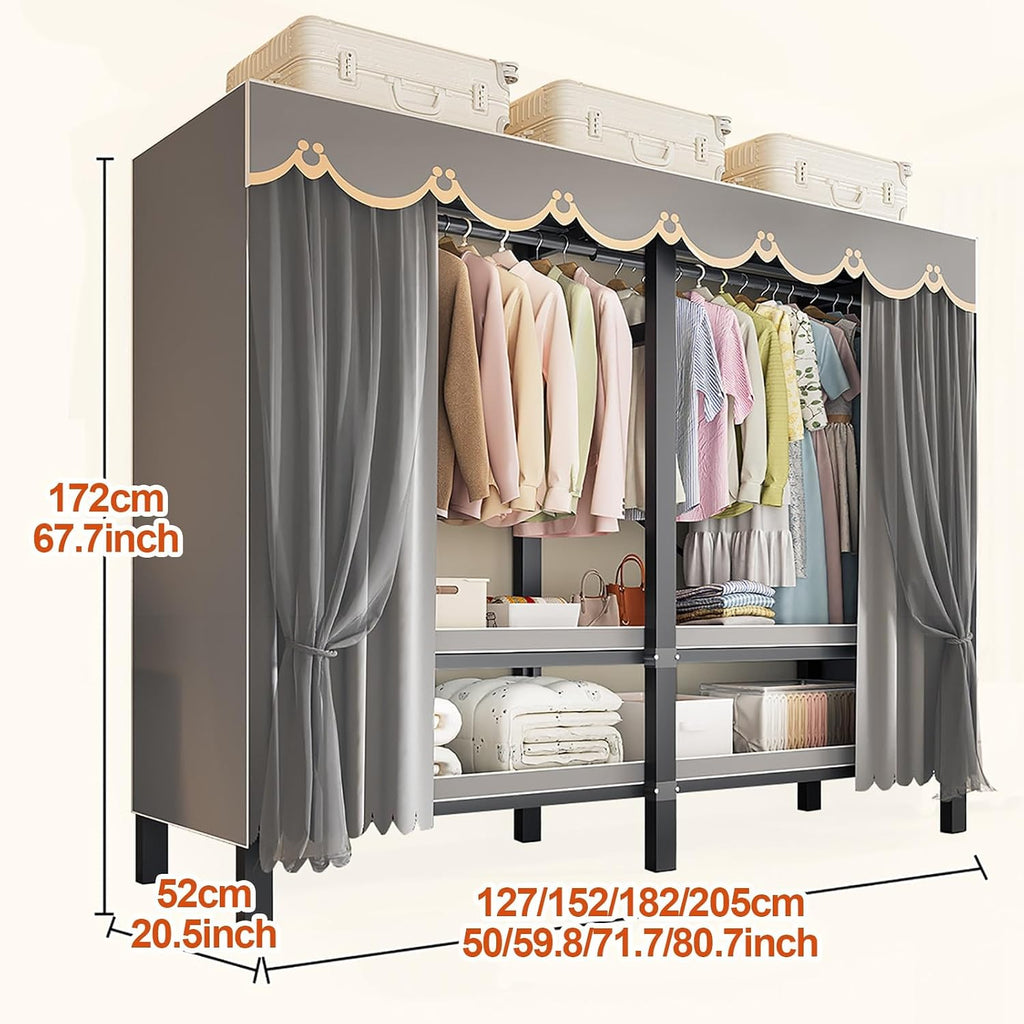 Wardrobe Closet With Cover Foldable Garment Rack For Hanging Clothes 1200lbs Portable Covered Clothing Coat Storage Organizer Armoire Enclosed Curtain(C,152cm/59.8inch)