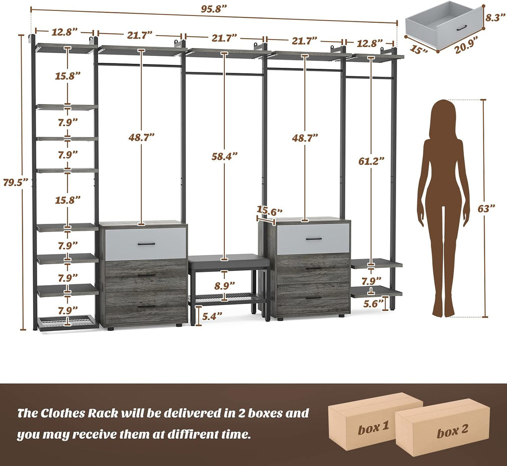 Aheaplus Clothing Rack Heavy Duty Closet Organizer for Hanging Clothes, Large Wall Mounted Garment Rack Clothes Rack with 6-Drawers for Wardrobe, Bedroom and as Walk-in Closet System, Grey Oak+Black