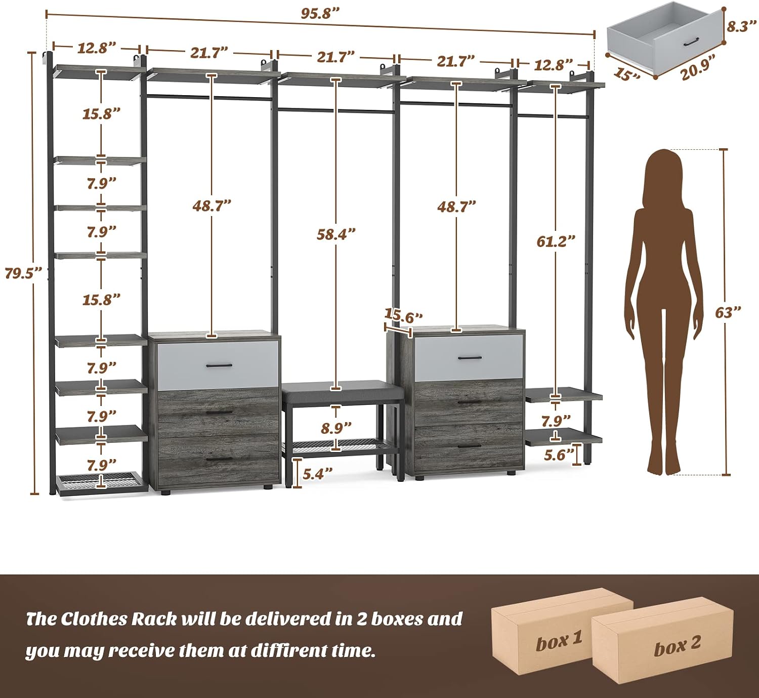 Aheaplus Clothing Rack Heavy Duty Closet Organizer for Hanging Clothes, Large Wall Mounted Garment Rack Clothes Rack with 6-Drawers for Wardrobe, Bedroom and as Walk-in Closet System, Grey Oak+Black