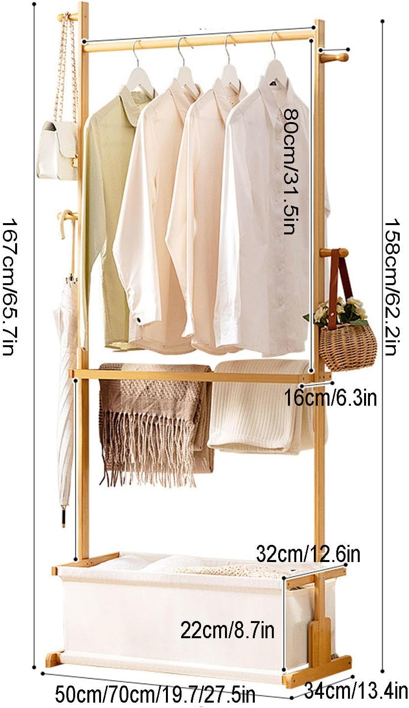Bamboo Garment Rack Freestanding Clothes Hanging Shelf Bedroom Clothing Organiser Rack with Top Hanging Rod and Bottom Storage Shelves for Living Room Hallway Entryway ,WoodColor-50*34*167cm