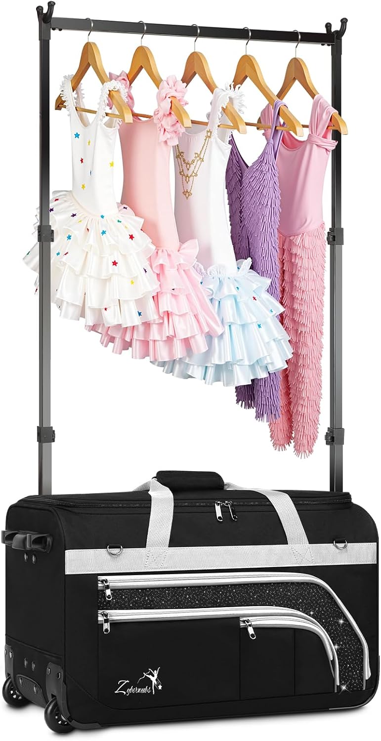 Dance Bag with Garment Rack - 23 Inch Professional Dance Competition Duffle Bag with Rack - Wheeled Dance Suitcase with Multiple Pockets for Dancers, Athlete, Travelers, and Livestreamer