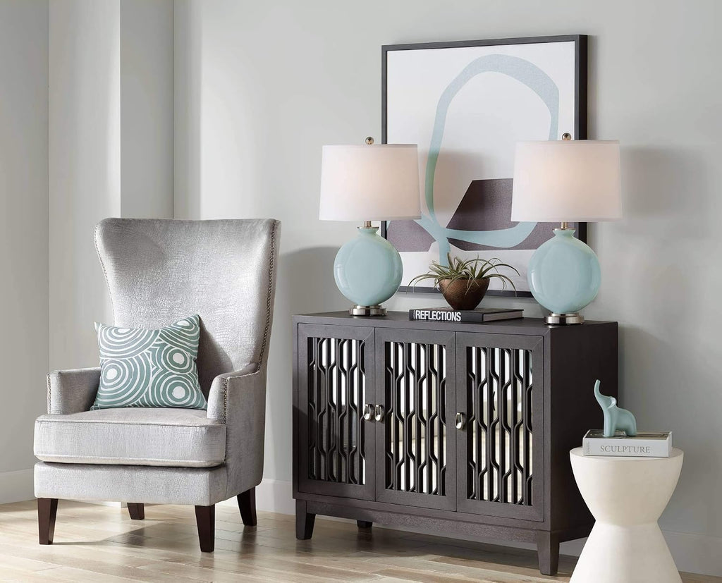 Color + Plus Carrie 26 1/2' Tall Round Modern Coastal Table Lamps Set of 2 Aqua-Sphere Blue Brushed Nickel Finish Glass White Shade Living Room Bedroom Bedside Nightstand House Office Home Reading
