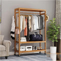 Coat Rack, Bamboo Garment Rack On Wheels Stand Heavy Duty Clothes Hanging Rack With 2 Tier Storage Shelves 4 Hooks For Clothes Shoes Hats Bags In Entryway Bedroom