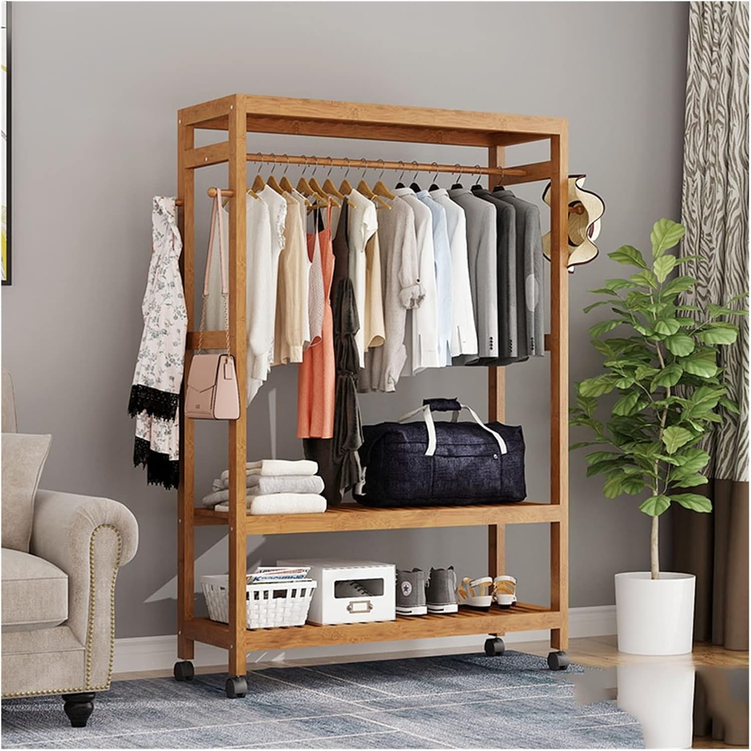 Coat Rack, Bamboo Garment Rack On Wheels Stand Heavy Duty Clothes Hanging Rack With 2 Tier Storage Shelves 4 Hooks For Clothes Shoes Hats Bags In Entryway Bedroom