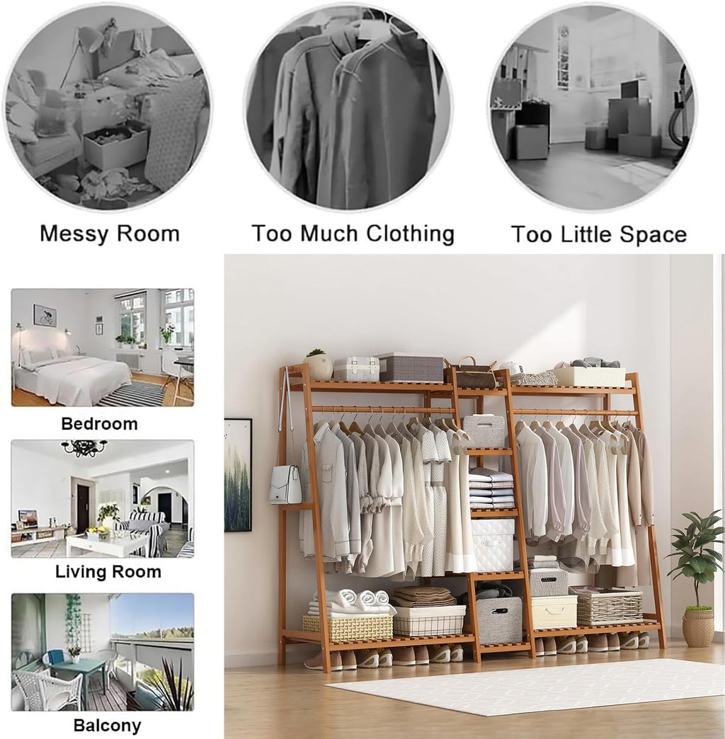 Bamboo Garment Rack with Storage Shelf, Free Standing Coat Clothes Hanging Rack for Hall Living Room Bedroom Office - Portable Wardrobe Organizer for Shoes and Clothes Brown