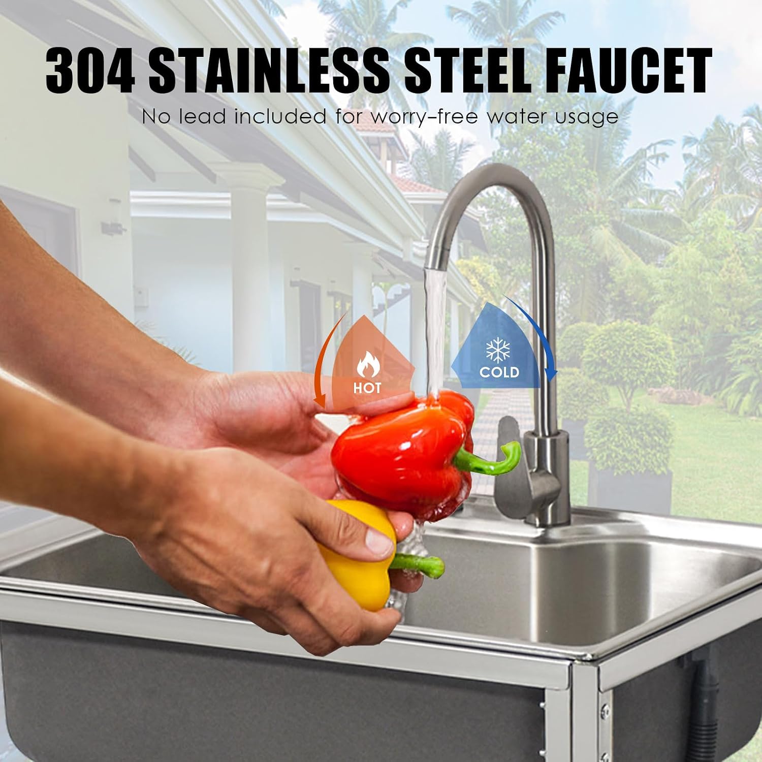 Kitchen Utility Sink,Freestanding Sink Single Bowl Stainless Steel Sink,Outdoor Garden with Hot and Cold Water Pipe Tap Suitable for
