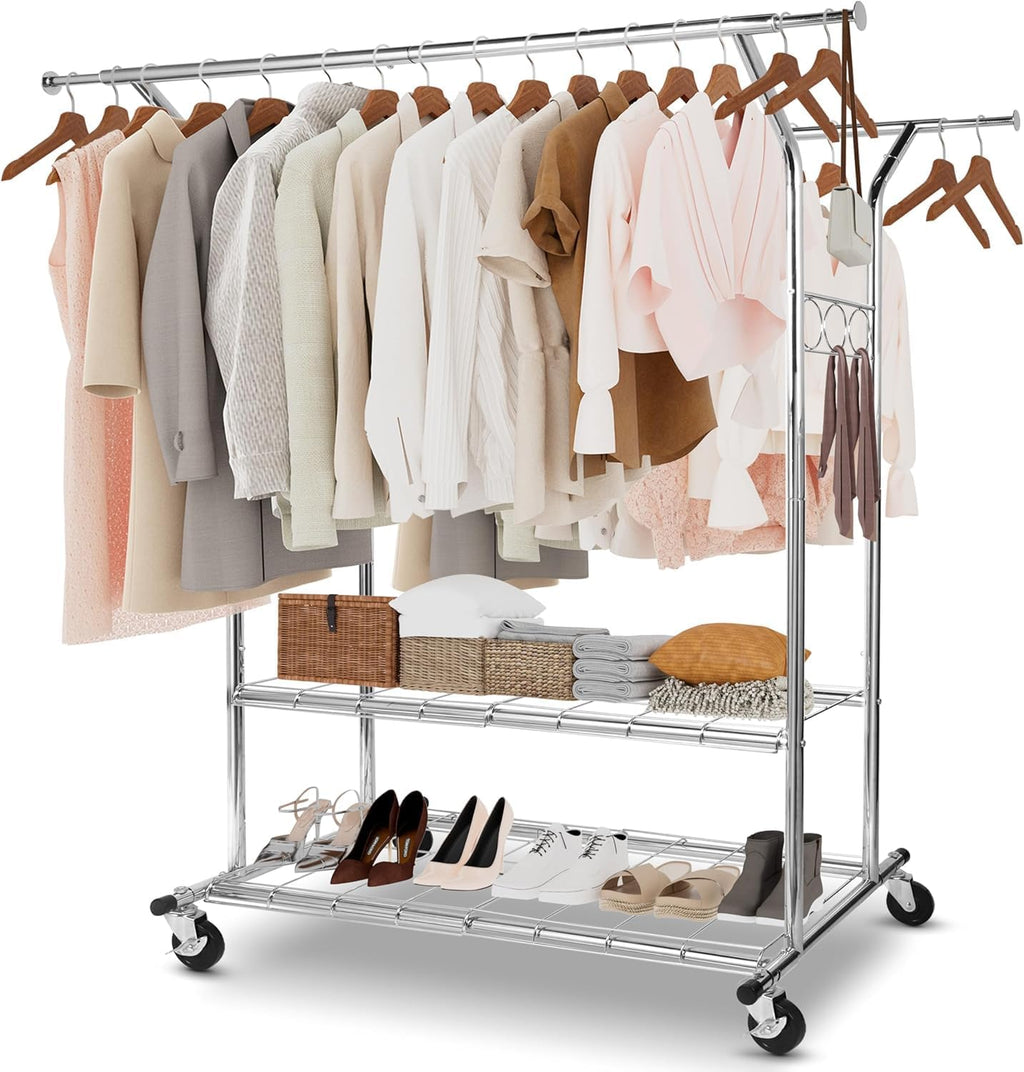 Whitmor Heavy Duty Clothing Rack: Adjustable & Extendable Rolling Garment Rack with Lockable Wheels, Double Rod Clothing Racks with 2 Bottom Shelves, Max Load 500LBS for Hanging Clothes, Chrome