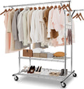 Whitmor Heavy Duty Clothing Rack: Adjustable & Extendable Rolling Garment Rack with Lockable Wheels, Double Rod Clothing Racks with 2 Bottom Shelves, Max Load 500LBS for Hanging Clothes, Chrome