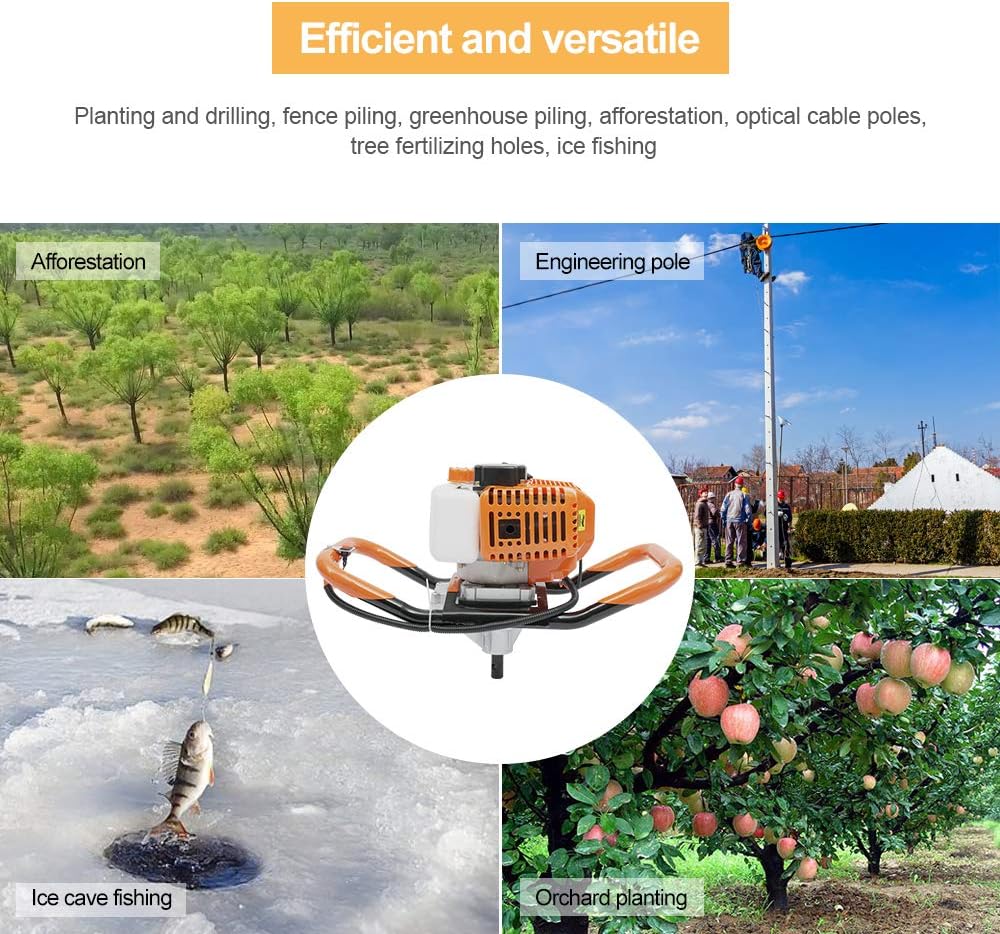 Fence Earth Auger, Petrol Borer 52cc 2-Stroke Post Hole Digger+Drill Bits 4' 6' 8' Bar Single Cylinder Air-Cooled System One Man Fence Earth Auger (US Stock) (2.3HP)