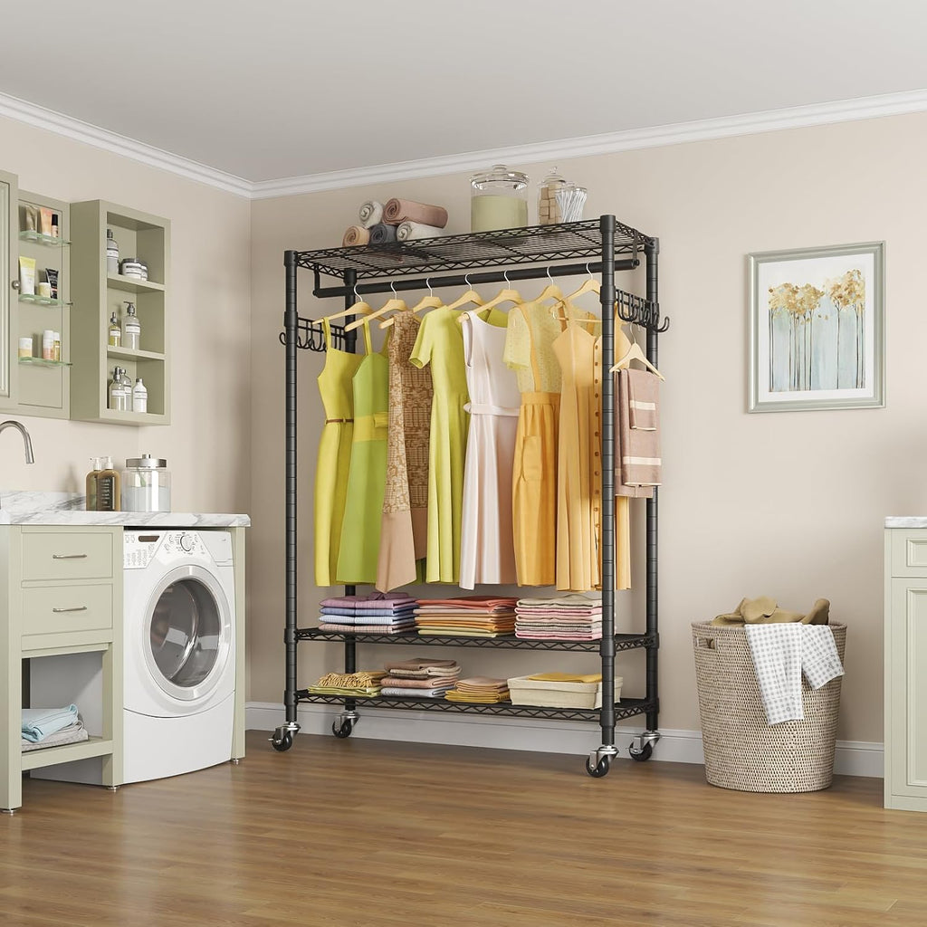 VIPEK R3 Plus Rolling Clothes Rack with Locking Wheels, Portable Closet for Hanging Clothes Heavy Duty Garment Rack with Adjustable Shelves and Side Hooks, Metal Wardrobe for Home Storage, Black
