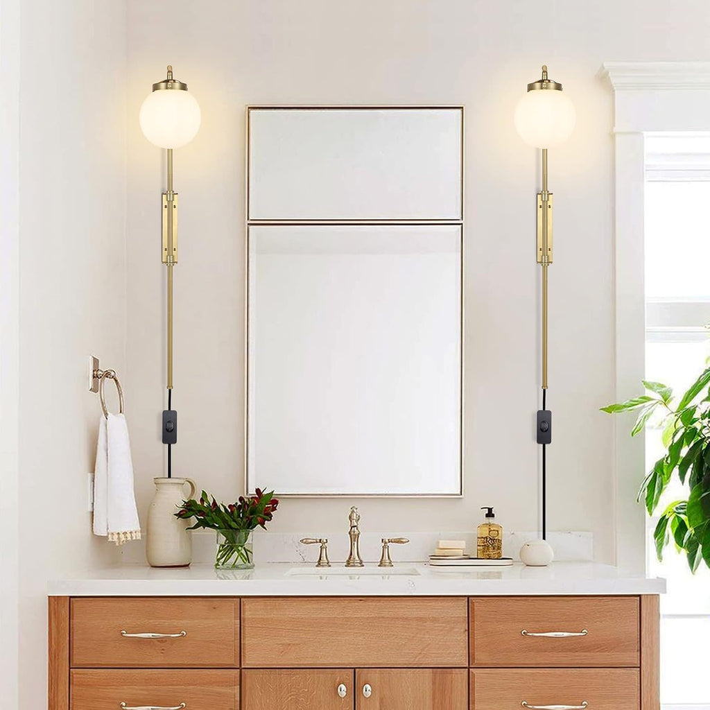 ELEHINSER Gold Wall Sconces Set of 2 with Globe Shade, Modern Indoor Plug in Wall Lamps with Switch, Angle Adjustable Light for Bedroom Living Room Study Hallway Bedside