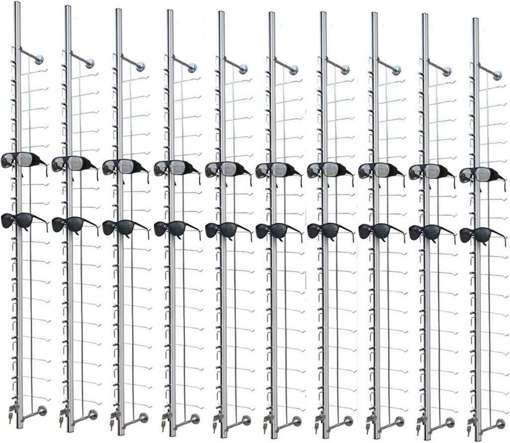 10Pcs Aluminum Sunglass Holder with Lock Wall-Mounted Sunglasses Rack Organizer Storage Eyewear Glasses Display Stand Eyeglass Decorative Display Rod,Hold 18 Frames