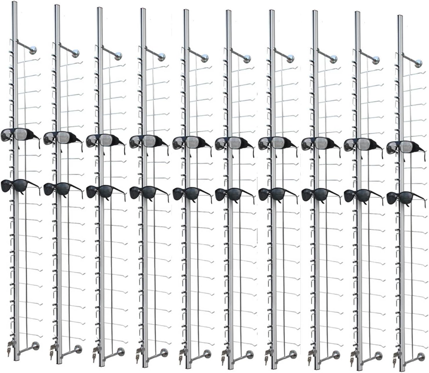 10Pcs Aluminum Sunglass Holder with Lock Wall-Mounted Sunglasses Rack Organizer Storage Eyewear Glasses Display Stand Eyeglass Decorative Display Rod,Hold 18 Frames
