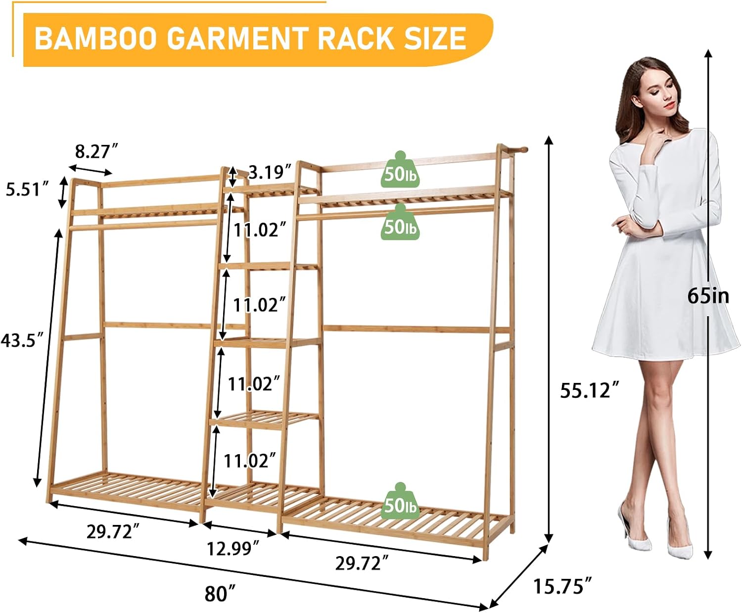 Baveke Bamboo Garment Rack 9 Tier Storage Shelf Coat Clothes Hanging Rack, Portable Wardrobe Closet Organizer With Top Shelf, Shoe Storage Shelves for Bedroom, Natural, FSC-Certified Bamboo
