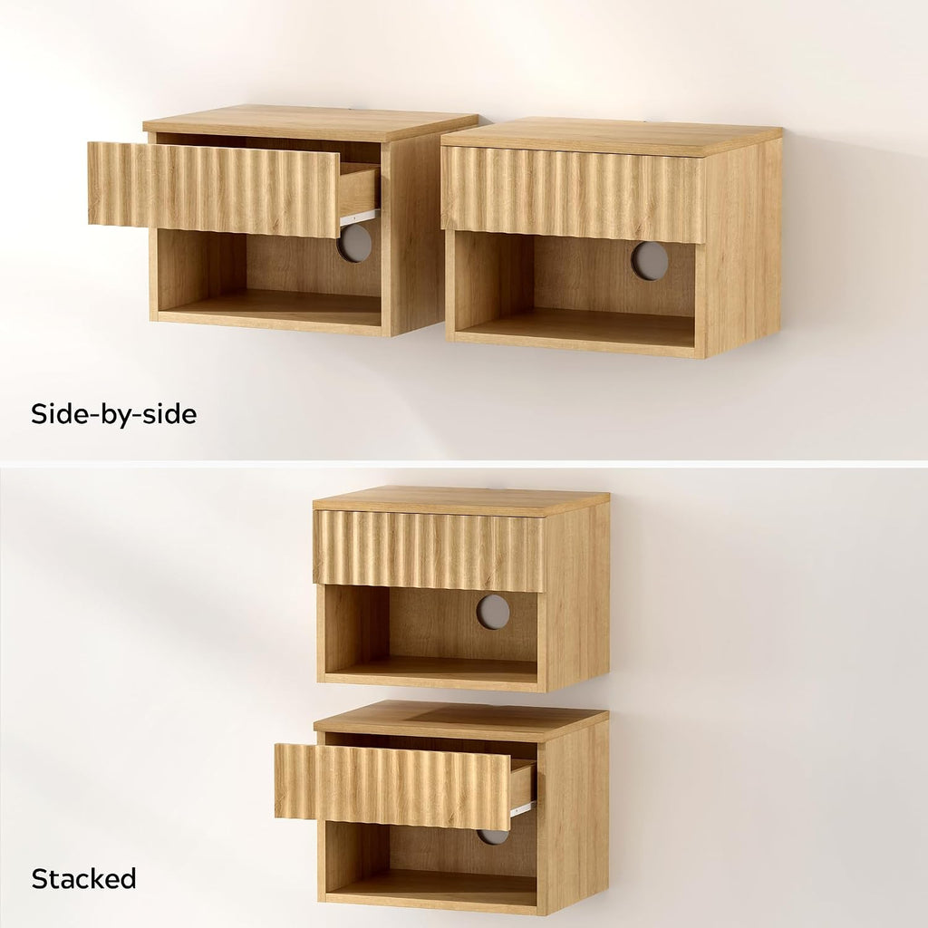 EYYTHUNG Small Floating Nightstand Set of 2, Modern Fluted Night Stand with Drawer and Open Storage Shelf Wall Mounted Bedside Tables Natural Oak