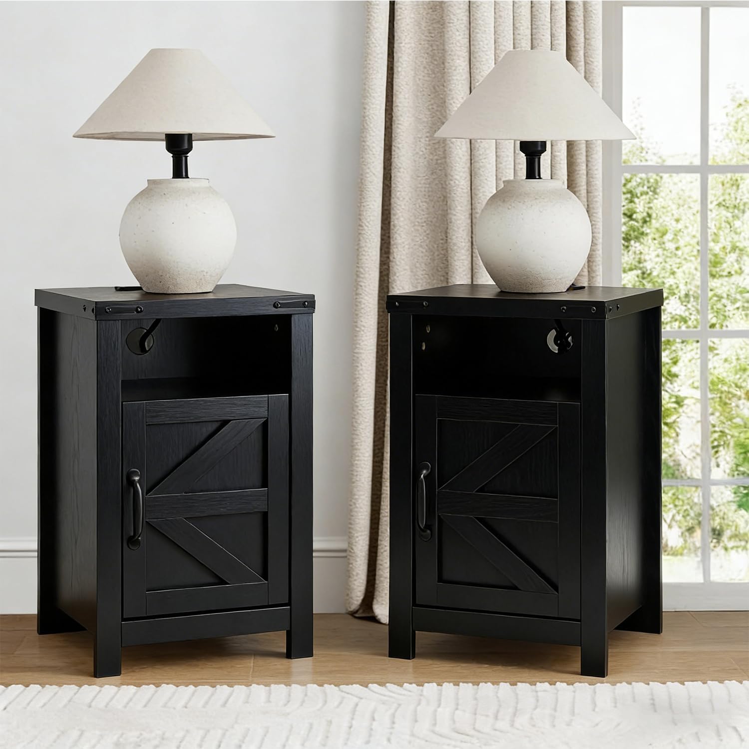 Farmhouse Nightstand Set of 2 with Charging Station, Modern Bedside Table with Barn Door and Shelf, Sofa Side Table End Table for Bedroom, Living Room, Black